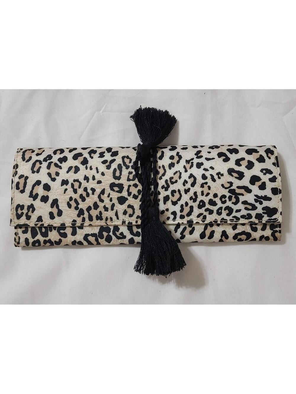 Chico's Animal Print Jewelry Roll Womens  OS Black Beige Tassels Travel Case EUC